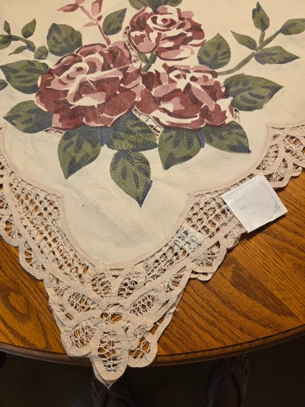 Battenburg Lace Hand Painted Rose Tablecloth 68x120 Ecru Beige with Cutouts, NWT